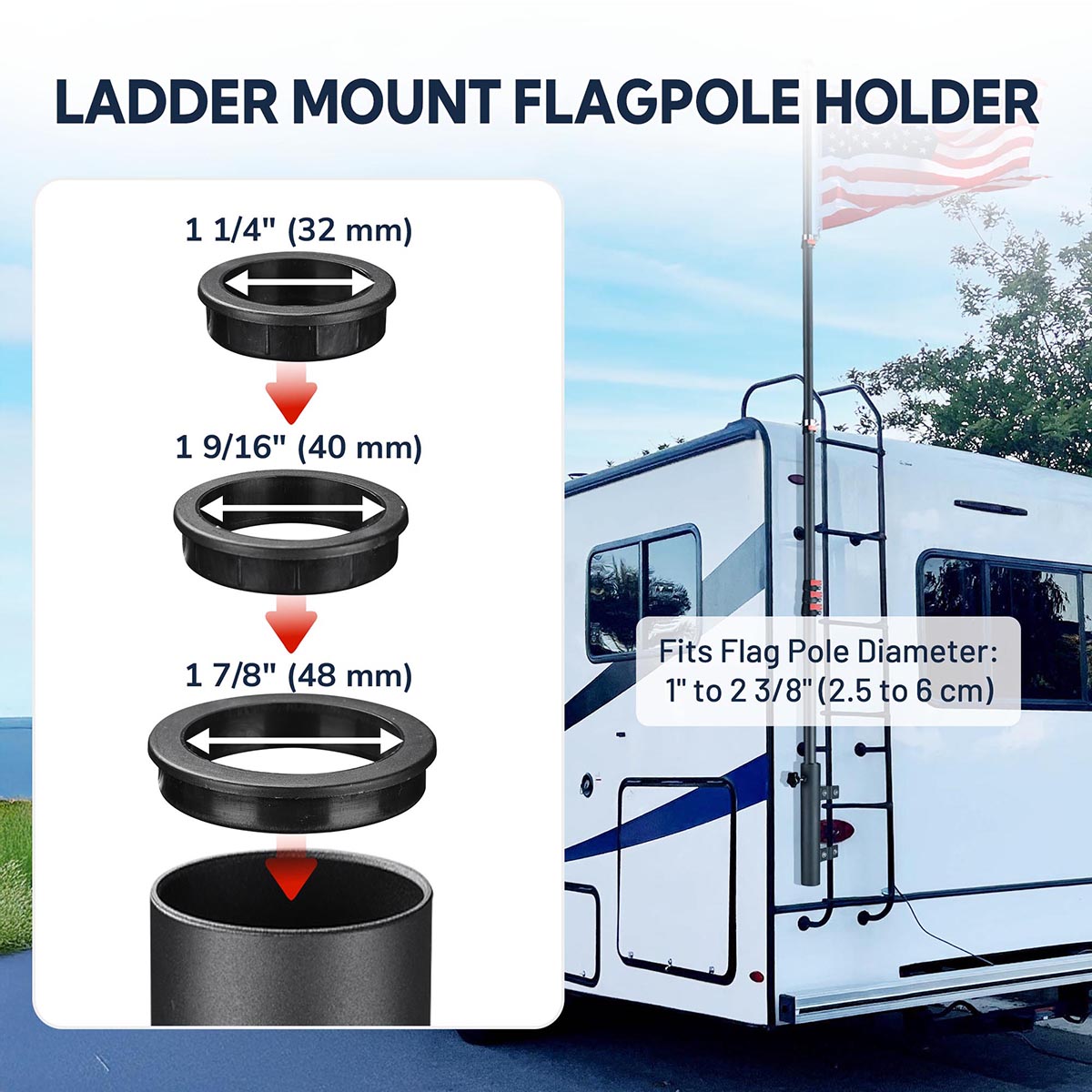 Yescom RV Ladder Mounted Flagpole Holder for 1" to 2 3/8" Pole