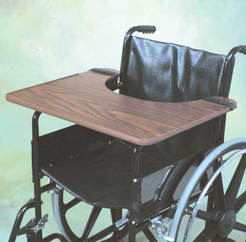 Wheelchair Tray Table - Standard Size, Wood Grain, with Raised Lip & Velcro Straps