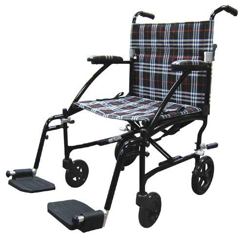 Fly-Lite Lightweight Transport Wheelchair, Black Plaid, 300 lb Capacity, 19" Seat
