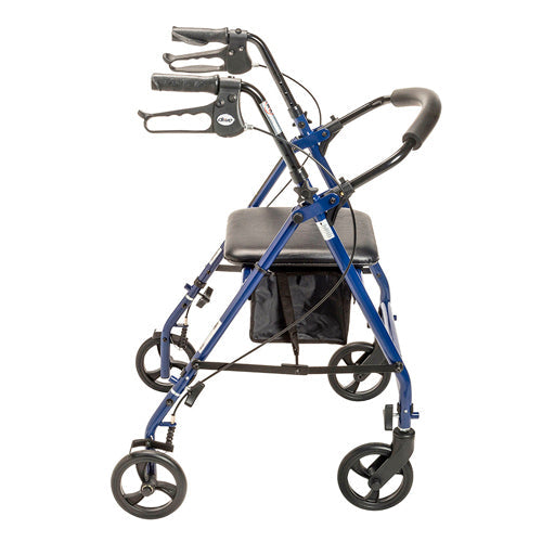 Blue Steel Rollator Walker with 6" Wheels, Padded Seat, and Adjustable Height