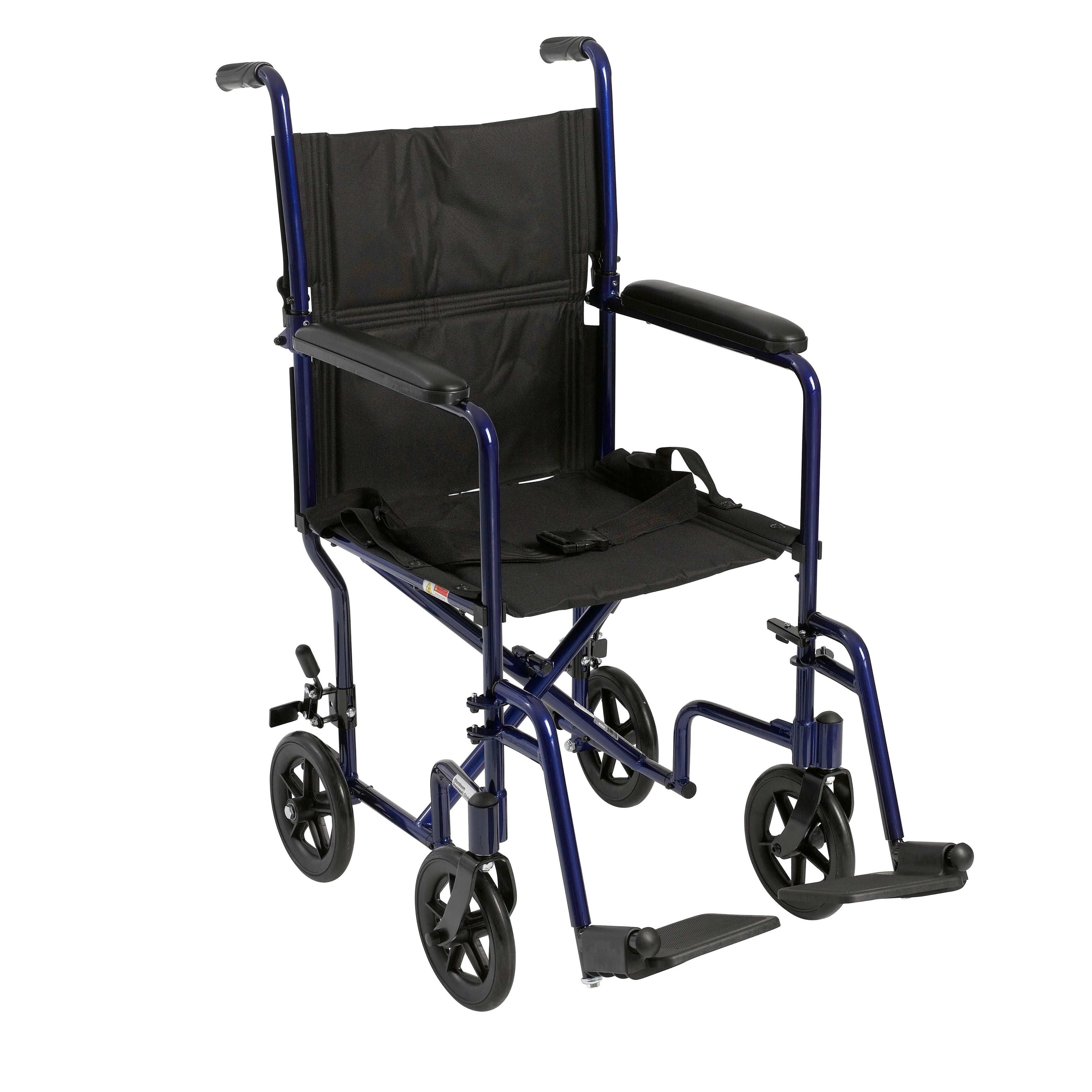 Lightweight Transport Wheelchair, 19" Wide, Blue Frame, Aluminum, 300 lbs Capacity