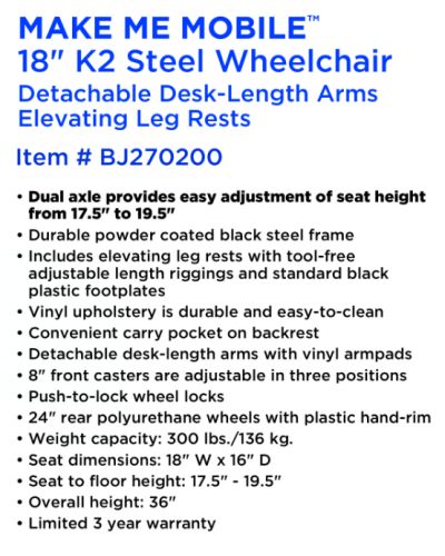 K2 18" Wheelchair with Elevating Leg Rests, Adjustable Seat Height, and Durable Steel Frame