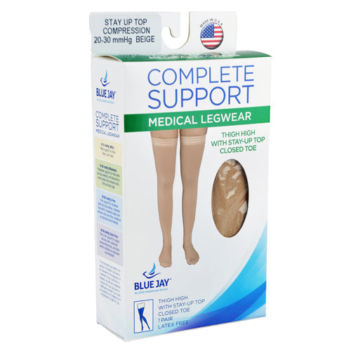 Firm 20-30 mmHg Thigh High Compression Stockings - Stay-Up, Closed Toe - Beige, Small
