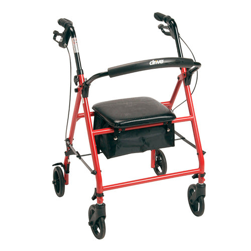 Red Steel Rollator Walker with 6" Wheels, Padded Seat, and Storage Pouch