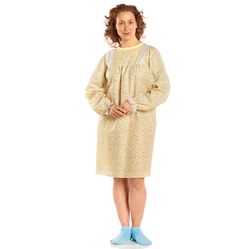 Ladylace Reusable Patient Gown Yellow Floral Print - Long Sleeve Convalescent Care