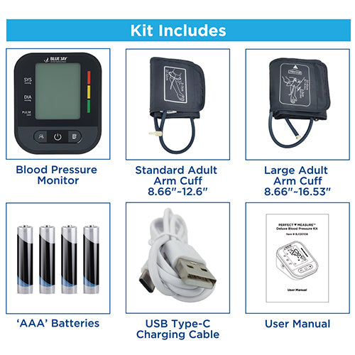 Automatic Blood Pressure Monitor Kit - 2 Cuffs (Standard & Large), 198 Reading Memory & Pulse Indicator