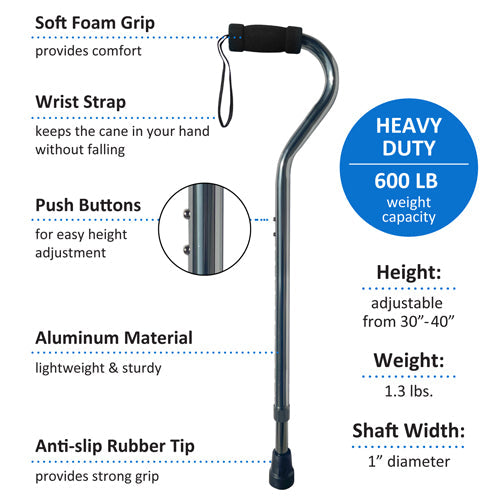 Bariatric Aluminum Cane - 600 lb Capacity, Adjustable, Soft Grip - Slate Gray