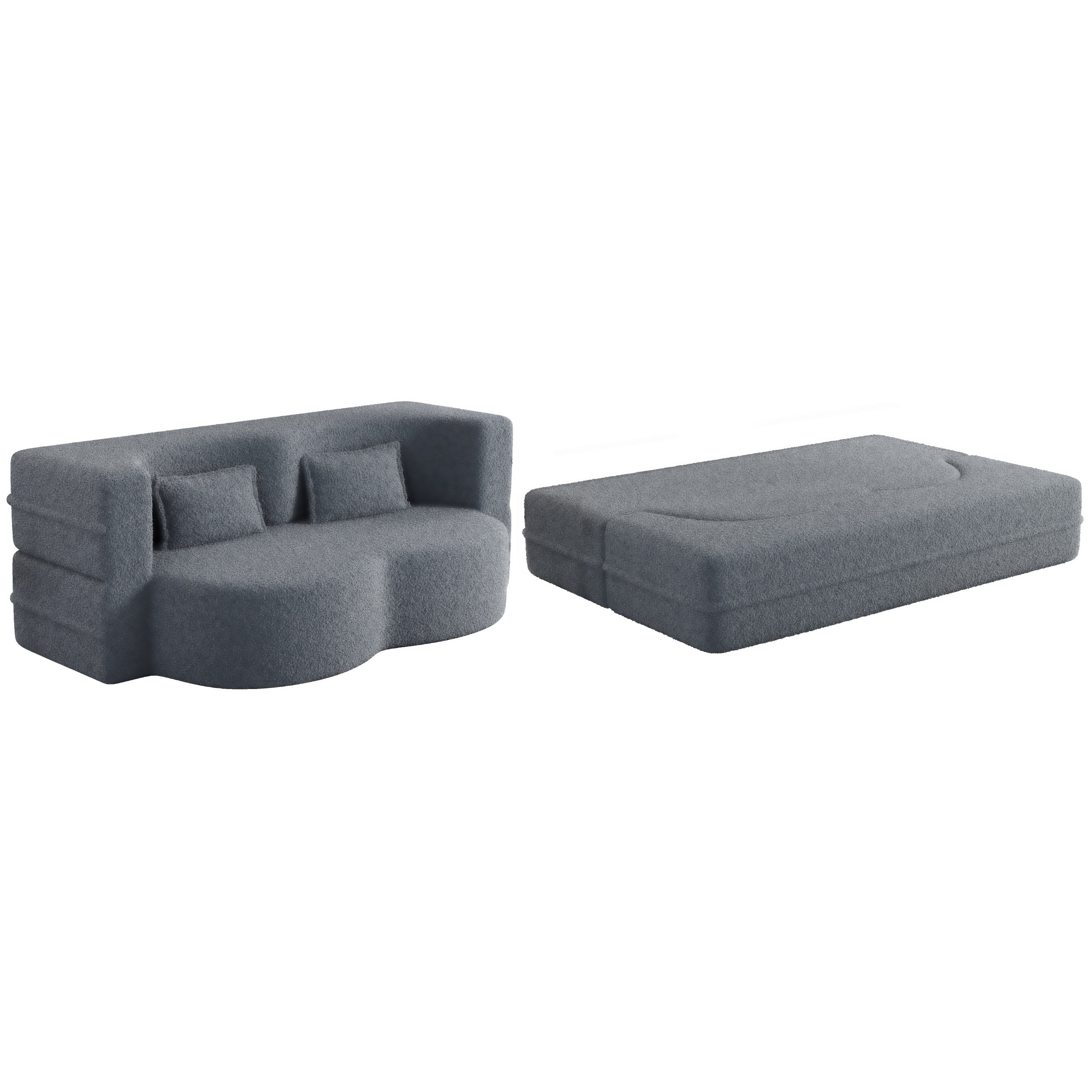 Modern Floor Sofa, with 2 Pillows, Convertible Teddy Fabric Foam Filled Bed, 15 inch Full Size Folding Mattress, Suitable for Living Room, Guest room, Game Room, Grey