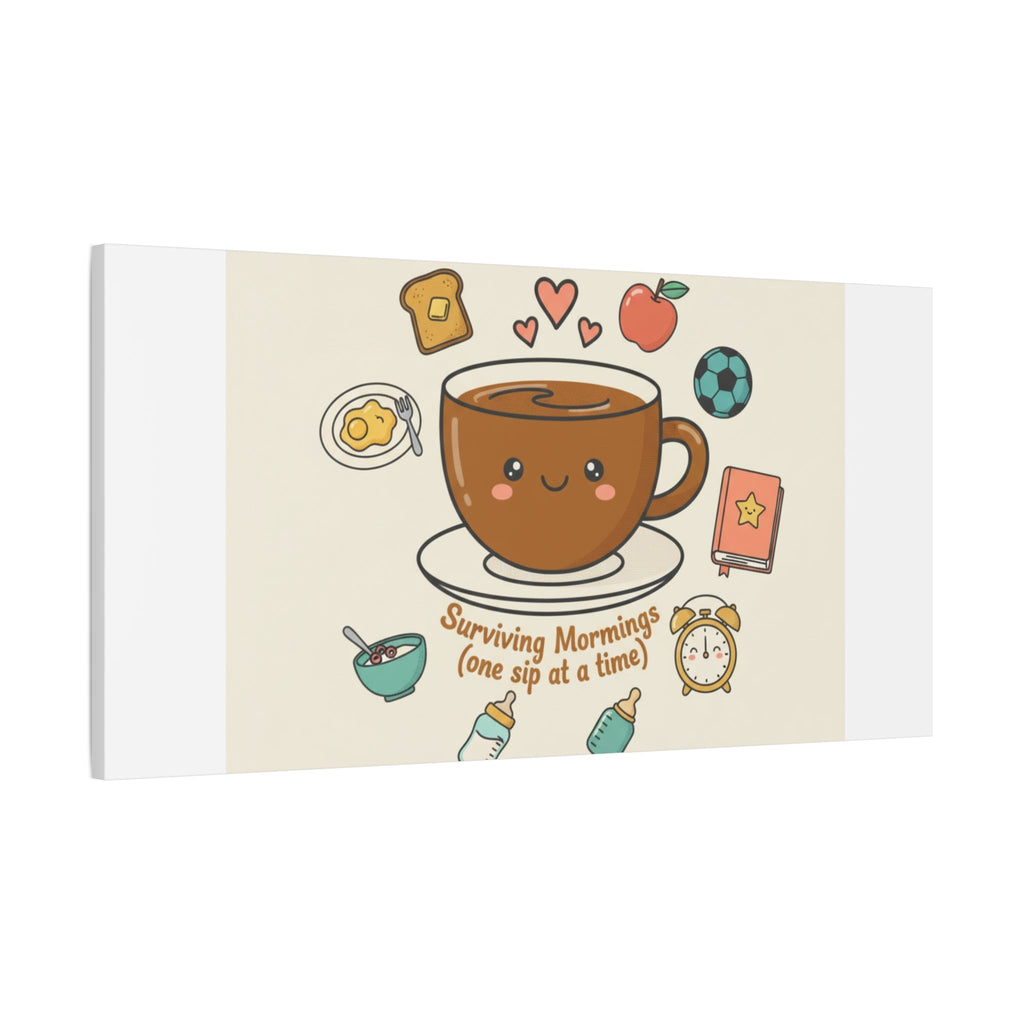 Surviving Mornings (One Sip at a Time) Canvas | Parenting Morning Humor, Coffee & Kids