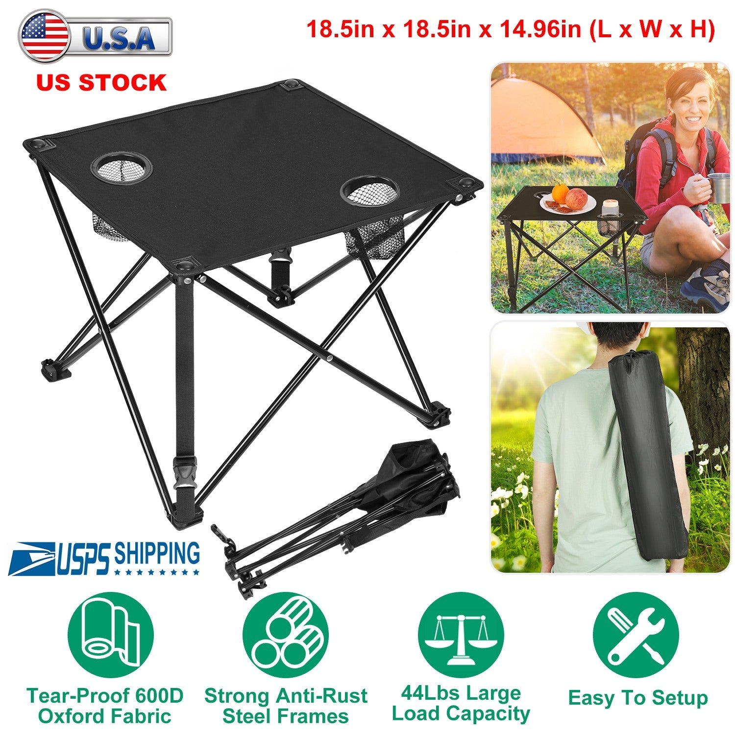 2Pcs Foldable Camping Table Portable Picnic Table Lightweight Travel Desk with 2 Cup Holders/Table Carrying Bag