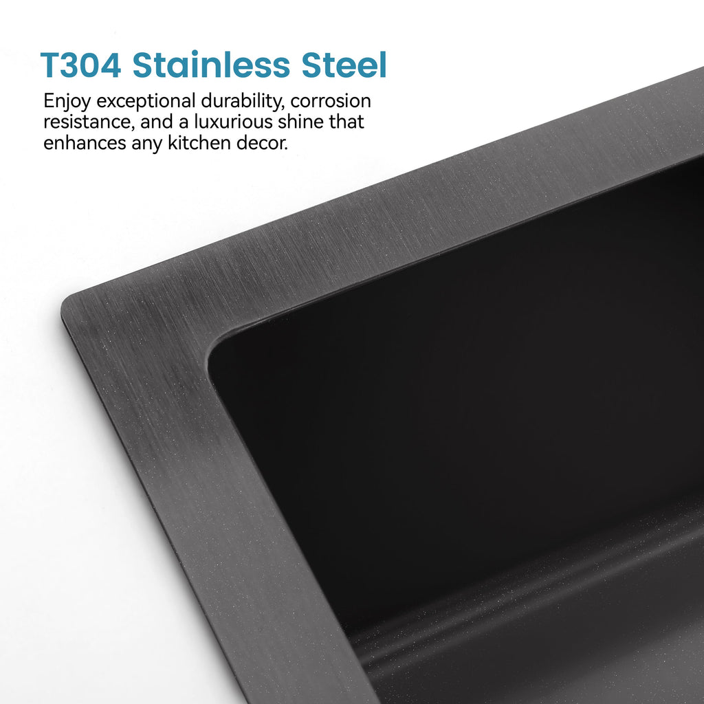Stainless Steel Kitchen Sink, 33″x22″ Single Bowl, Overmount Handmade Sink in Black, with US Standard Drain and Hook