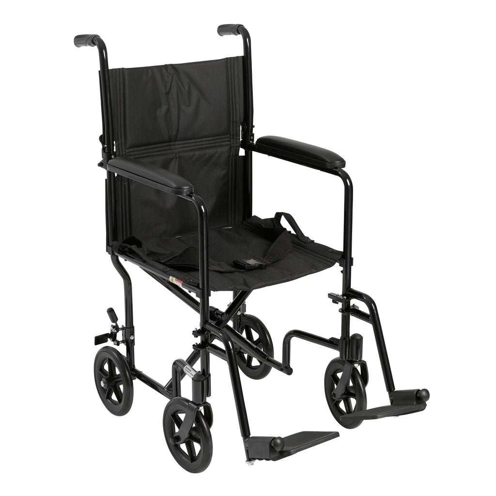 Lightweight Transport Wheelchair, Black, 17" Seat - Aluminum Frame, Foldable
