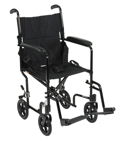 Lightweight Transport Wheelchair, Black, 17" Seat - Aluminum Frame, Foldable