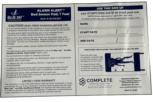 Blue Jay Bed Alarm Sensor Pad - 10 x 30 Inch - 1 Year - Fall Prevention & Anti-Wandering