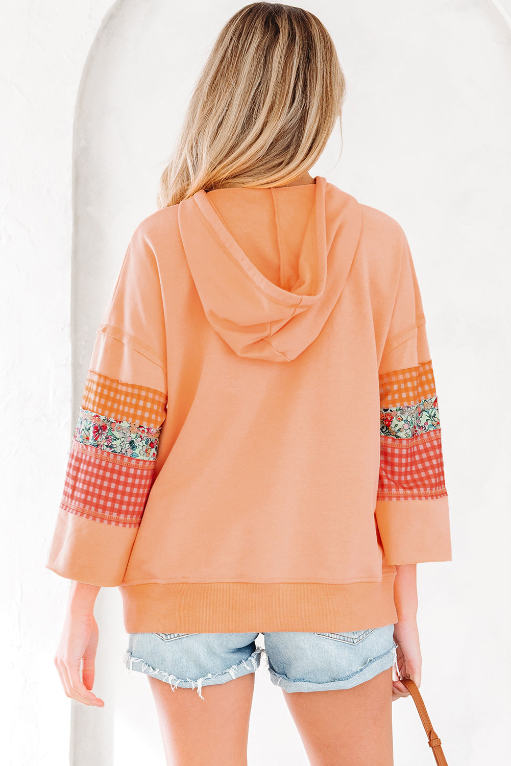 Grapefruit Orange Plaid Floral Patchwork Kangaroo Pocket Hooded Long Sleeve Top