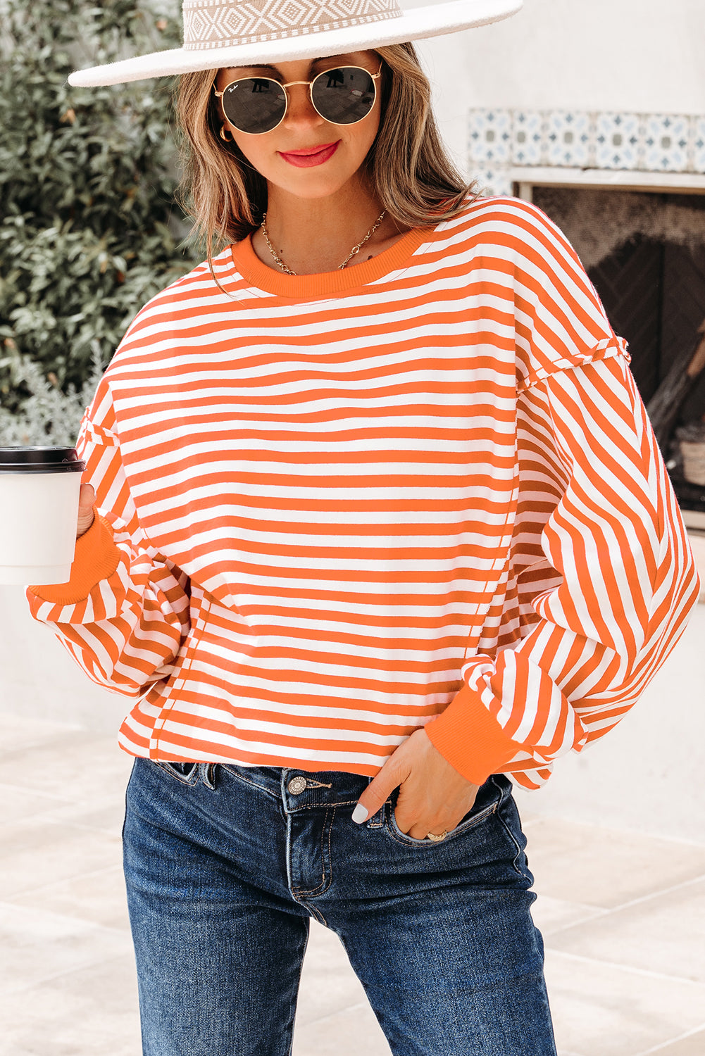 Black Stripe Exposed Seam Drop Shoulder Casual Pullover Top