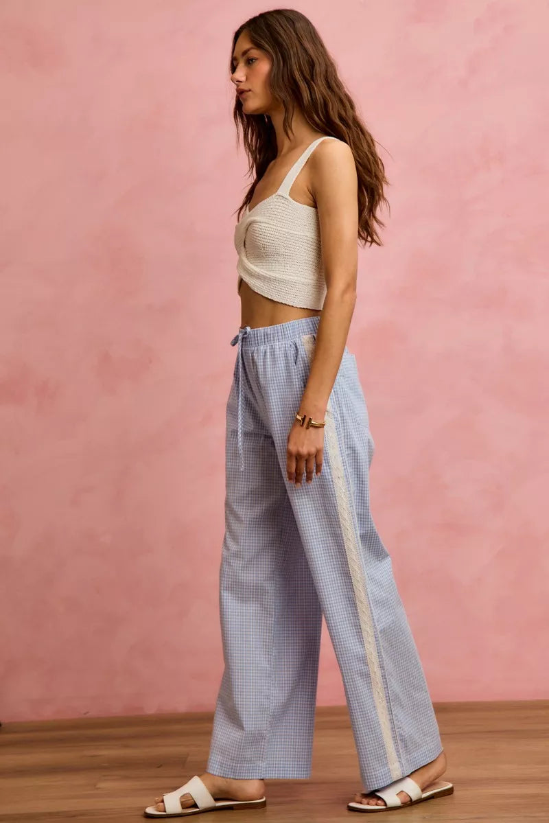SO ME Wide Check  Pants With Side Lace Trim And Piping