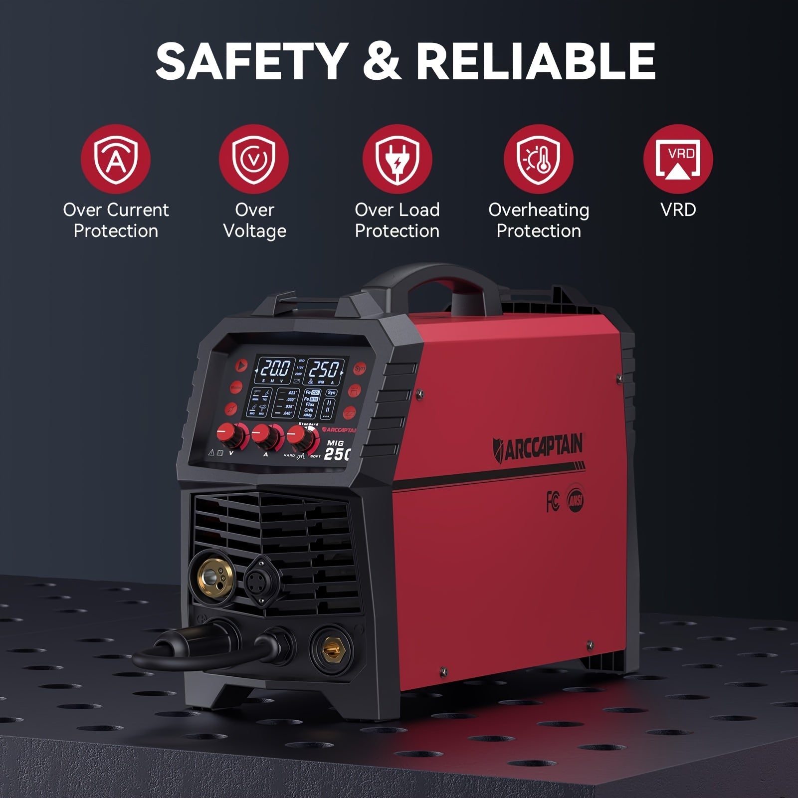 ARCCAPTAIN 250A MIG Welder, 110V/220V Gas Mig/Gasless Flux Core Mig/Stick/Lift Tig/Spool Gun/Spot 6-In-1 Aluminum Welding Machine, Professional Welder, Large LED Display, Comes with Lift TIG Gun/Spool Gun (Sold Separately), Without Battery