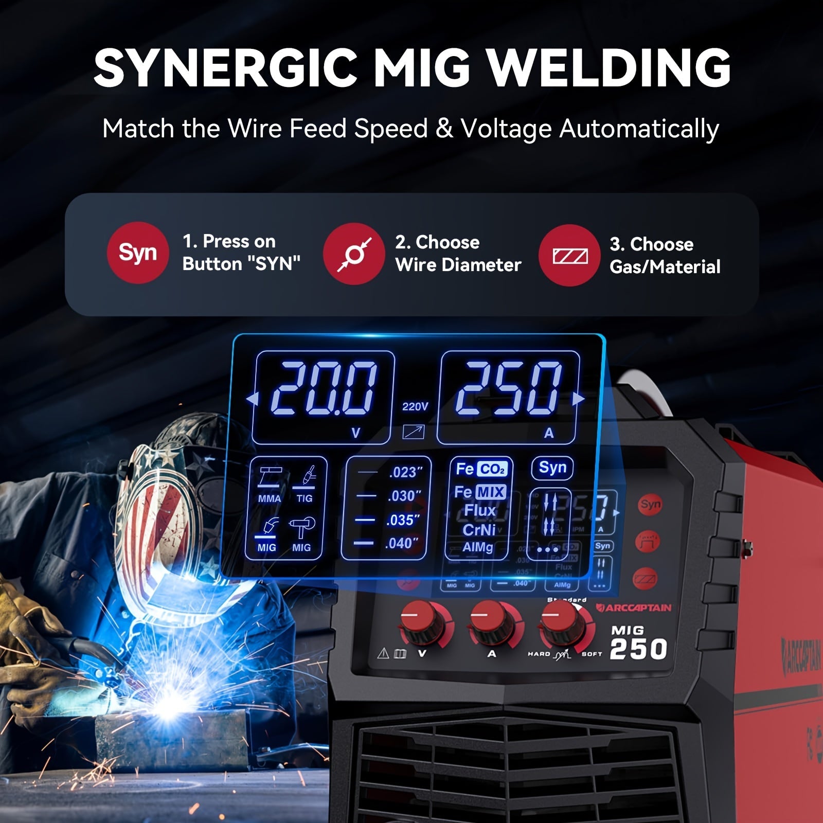 ARCCAPTAIN 250A MIG Welder, 110V/220V Gas Mig/Gasless Flux Core Mig/Stick/Lift Tig/Spool Gun/Spot 6-In-1 Aluminum Welding Machine, Professional Welder, Large LED Display, Comes with Lift TIG Gun/Spool Gun (Sold Separately), Without Battery