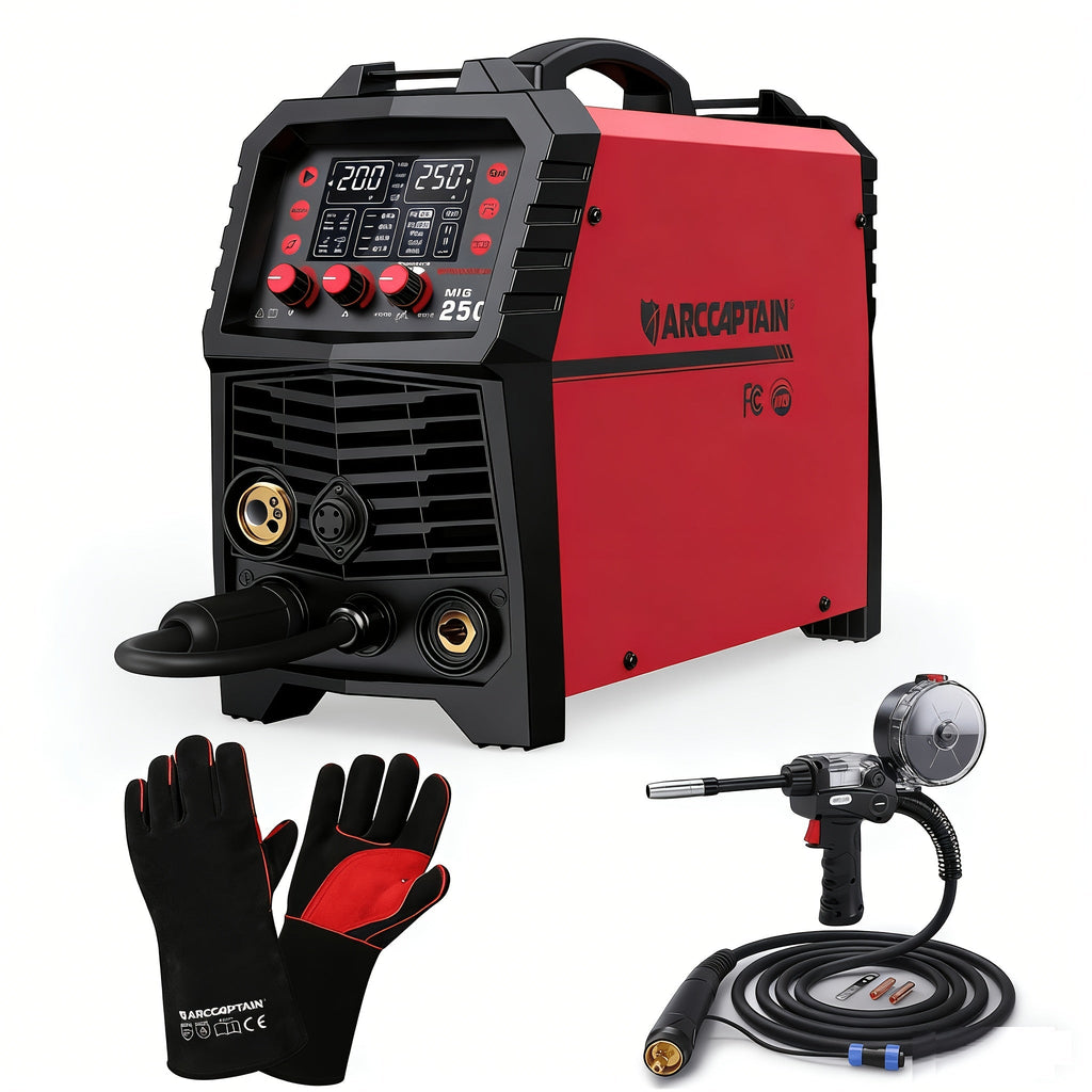 ARCCAPTAIN 250A MIG Welder, 110V/220V Gas Mig/Gasless Flux Core Mig/Stick/Lift Tig/Spool Gun/Spot 6-In-1 Aluminum Welding Machine, Professional Welder, Large LED Display, Comes with Lift TIG Gun/Spool Gun (Sold Separately), Without Battery