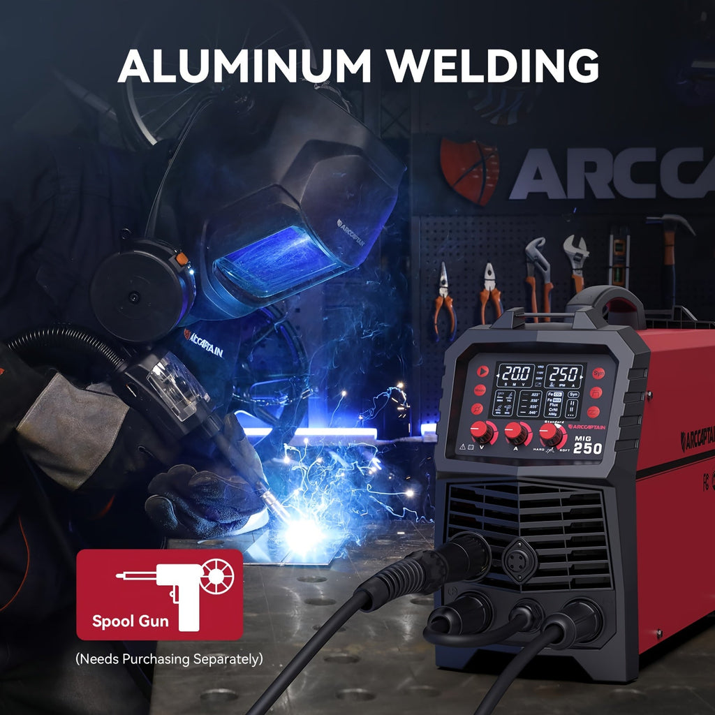 ARCCAPTAIN 250A MIG Welder, 110V/220V Gas Mig/Gasless Flux Core Mig/Stick/Lift Tig/Spool Gun/Spot 6-In-1 Aluminum Welding Machine, Professional Welder, Large LED Display, Comes with Lift TIG Gun/Spool Gun (Sold Separately), Without Battery