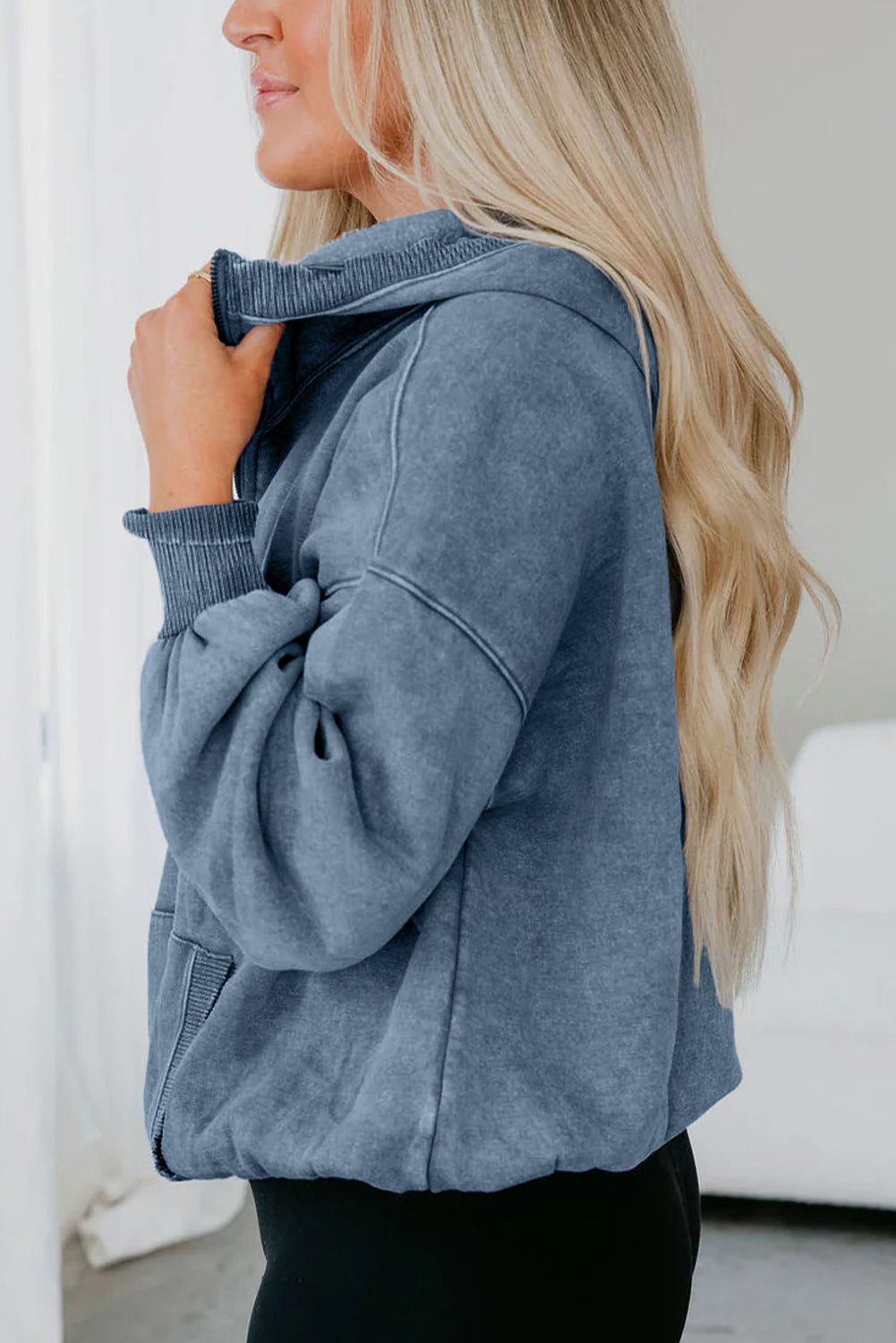 Black Half Zip Kangaroo Pocket Mineral Wash Baggy Hoodie