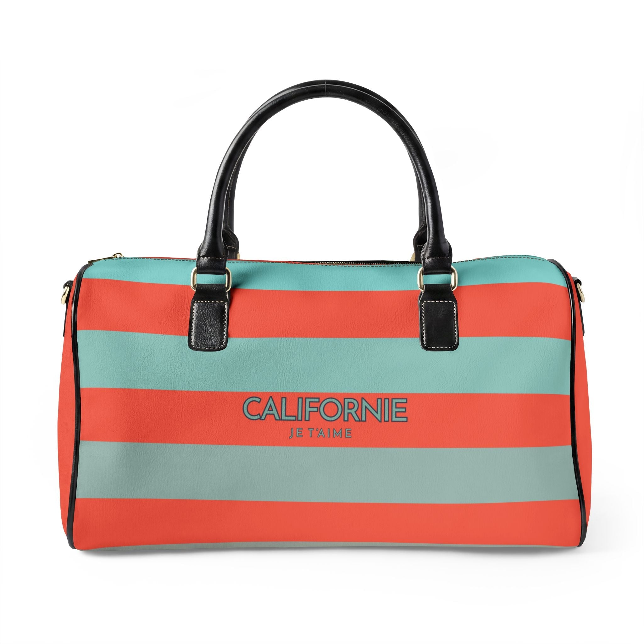 California Love Leather Travel Bag — CORAL/AQUA Striped Weekender Duffle
