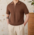 Linen Blend Lapel Zipper Sunken Stripe Short Sleeve