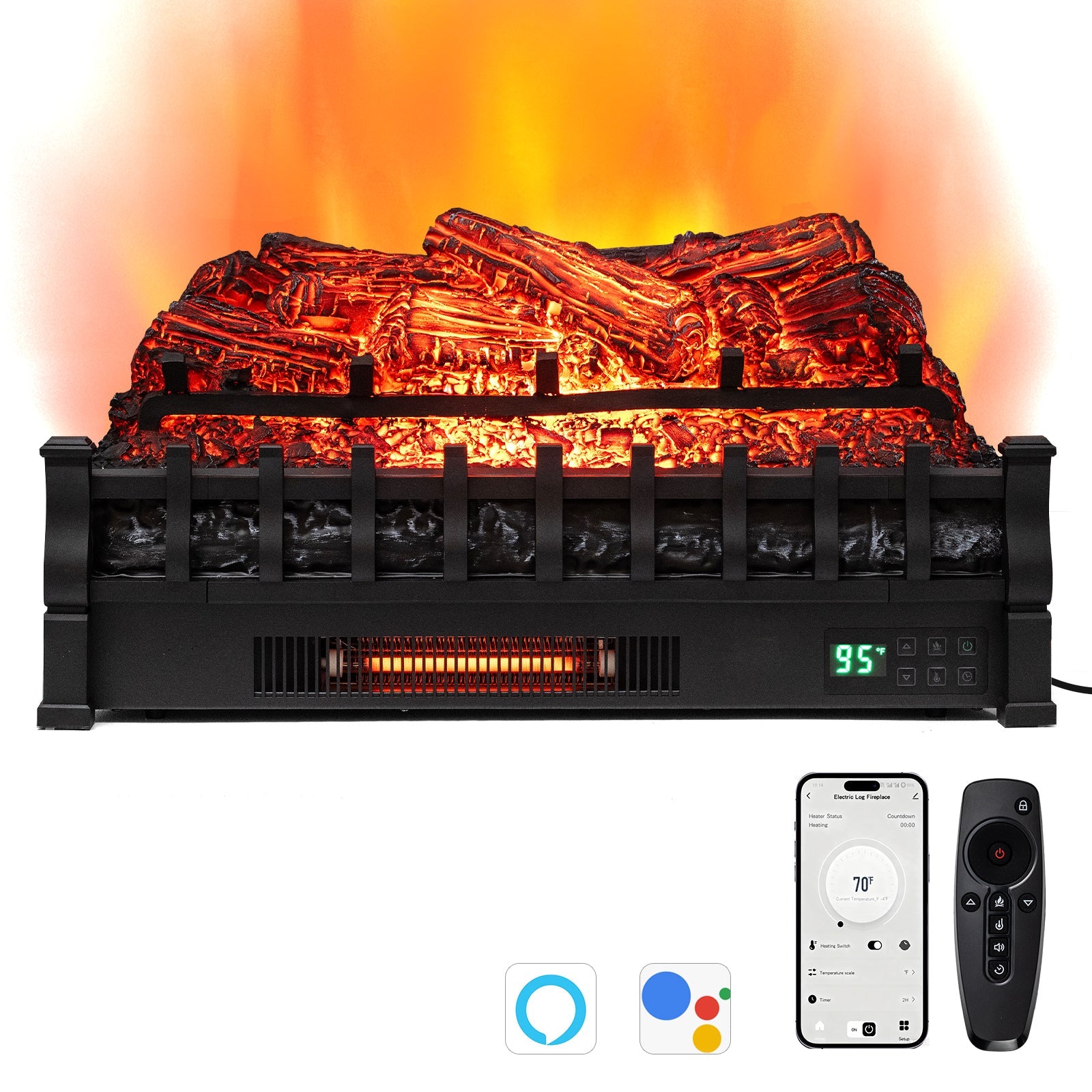 26 Inch WiFi Infrared Quartz Electric Fireplace Insert Logs Heater with Realistic Pinewood Logs-Black