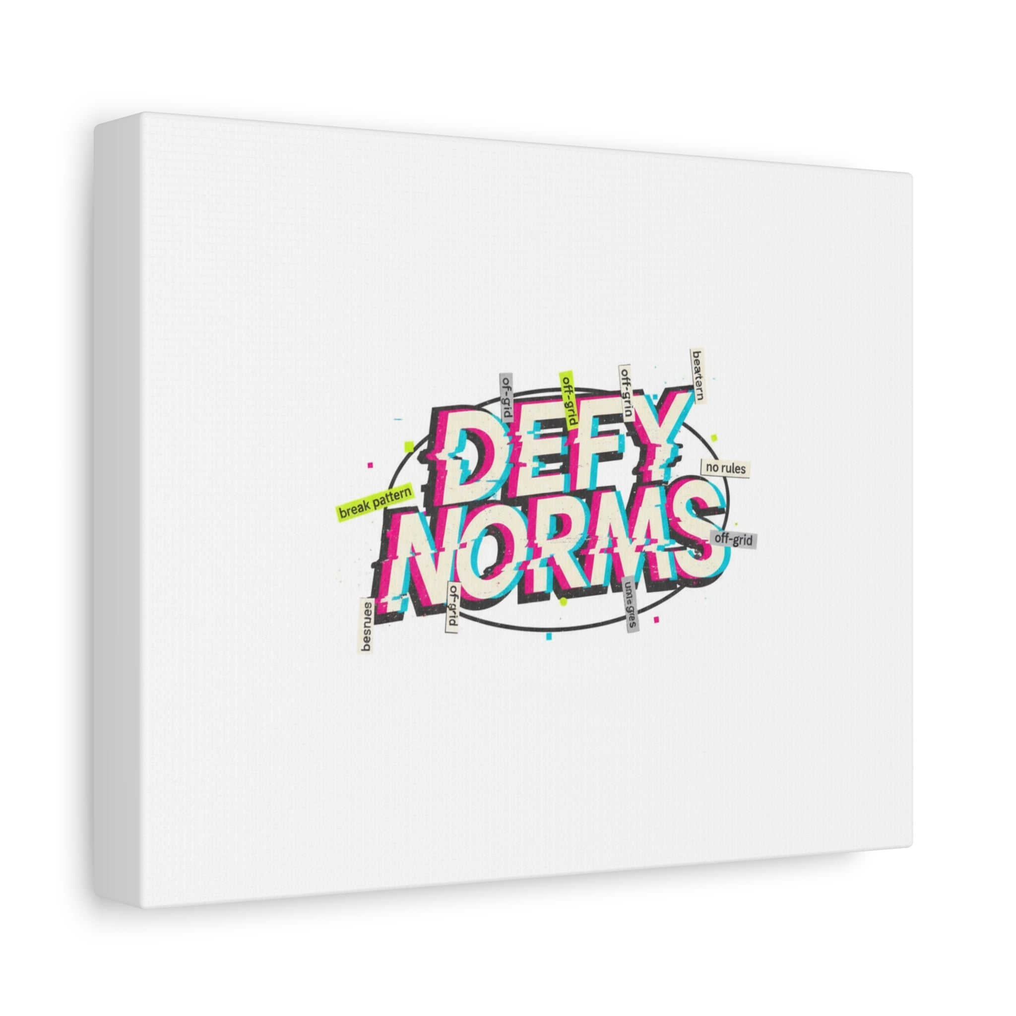 Defy Norms Canvas, Anti-Aesthetic Glitch Typography, Brutalist Poster Style