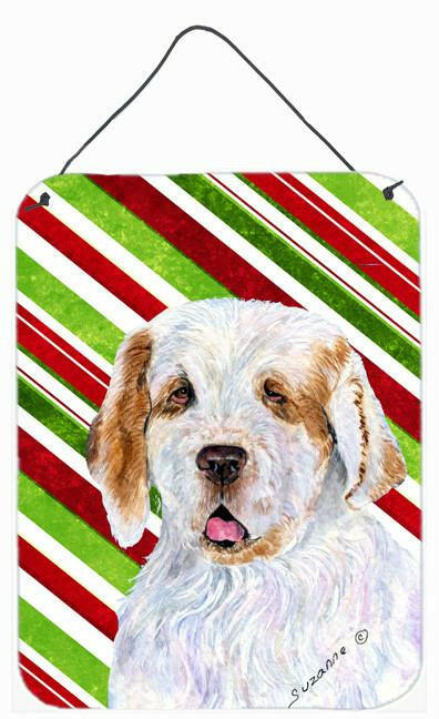Clumber Spaniel Candy Cane Holiday Christmas Wall or Door Hanging Prints Aluminum Metal Sign Kitchen Wall Bar Bathroom Plaque Home Decor Front Door Plaque, 12x16, Multicolor