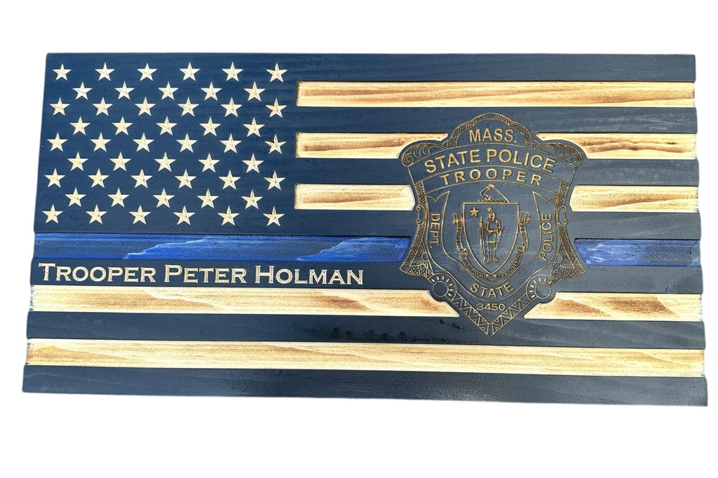 Custom Thin Blue Line Wooden Flag with Engraved Police Badge