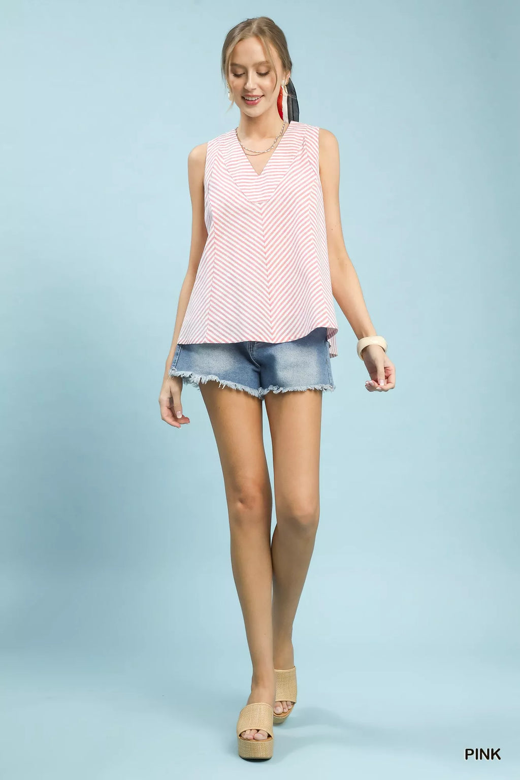 Umgee Mixed Stripe Sleeveless V-Neck Top