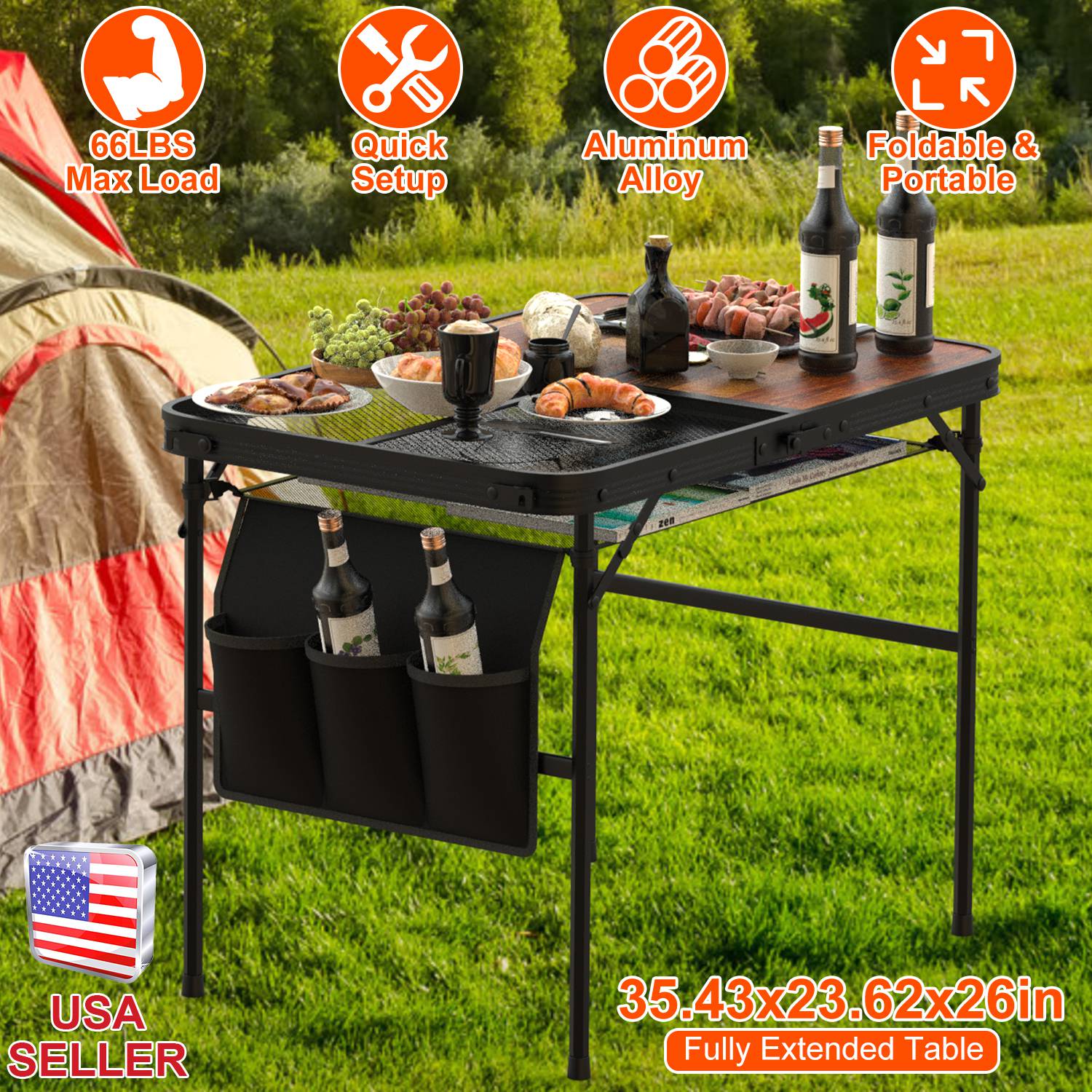 35.43x23.62x26in Foldable Camping Table Collapsible Picnic Aluminum Alloy Grill Stand 66LBS Max Load Height Adjustable BBQ Table with Adjustable Heigh
