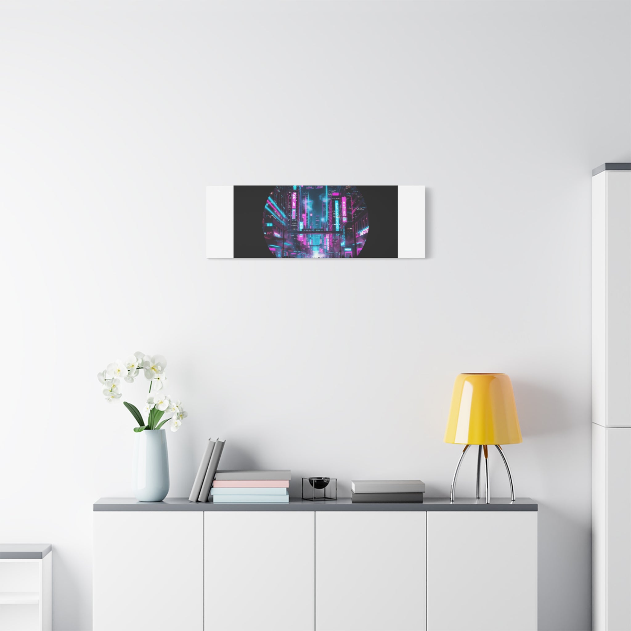Neon Cyberpunk Cityscape Canvas | synthwave skyline, future city art
