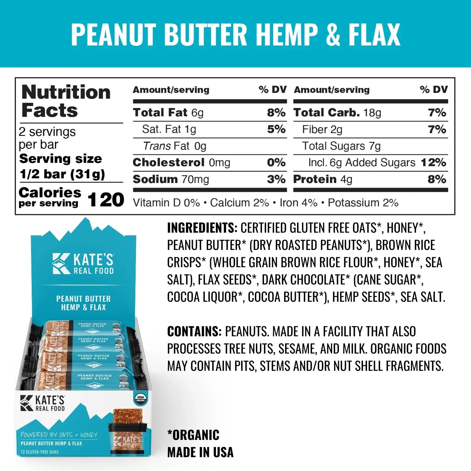 Kate's Real Food Peanut Butter Hemp Protein Fruit & Nut Bars, 2.2 oz, Case of 12