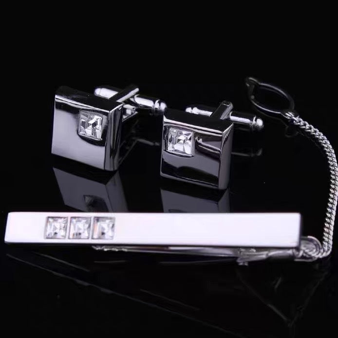 Men's Suit Shirt Rhinestone-encrusted Silver Cufflinks Tie Clip 3 Pieces Suit