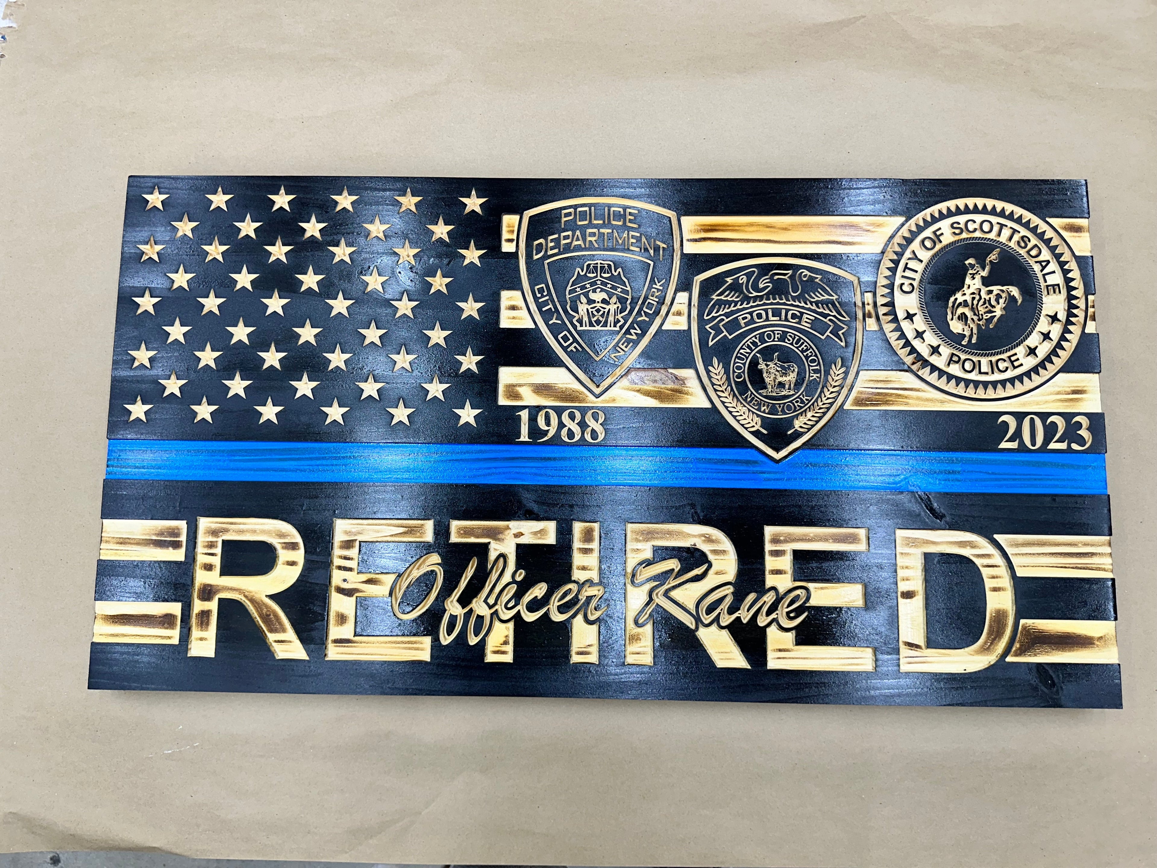 Custom Retirement Wooden American Flag with Engraved Badges