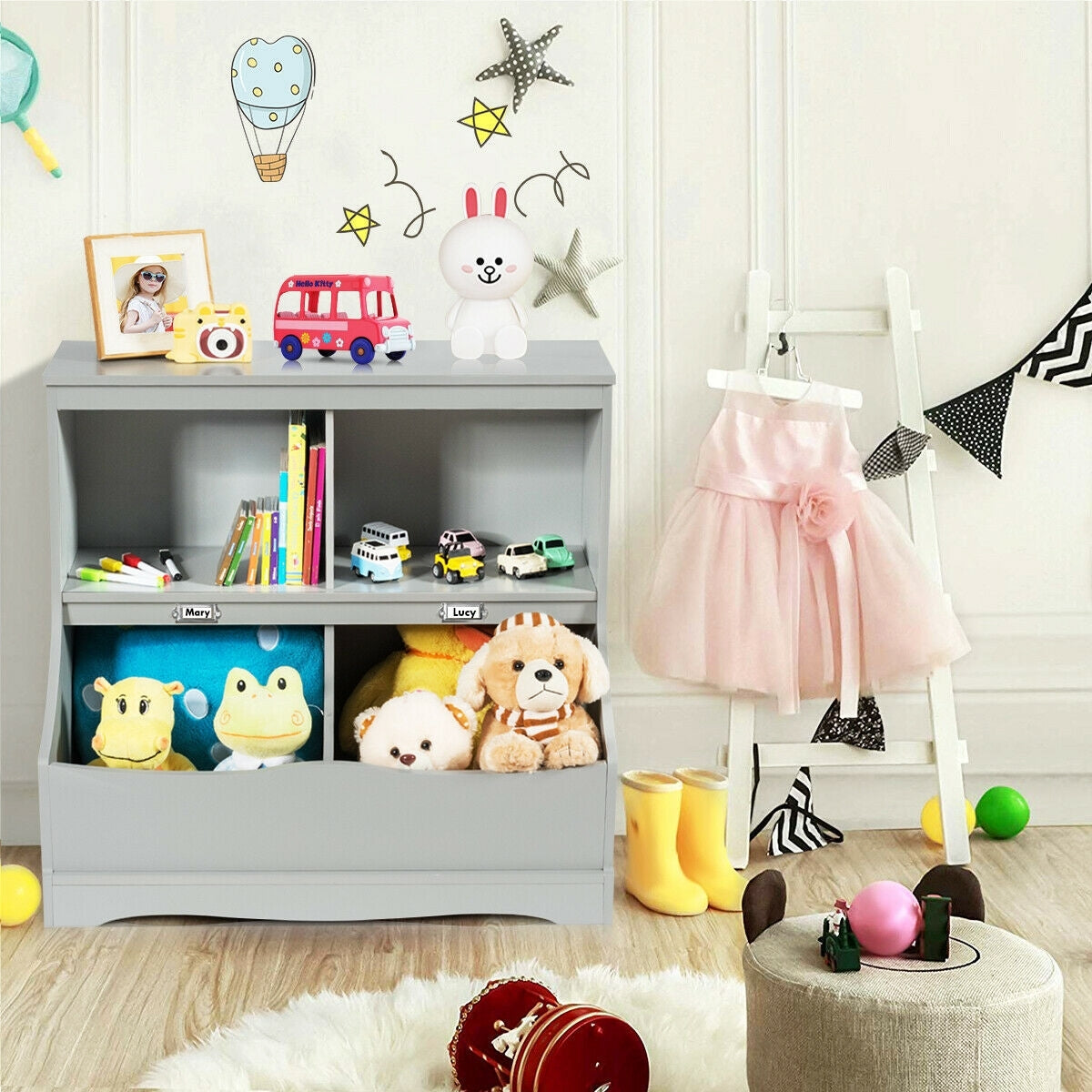 Kids Floor Cabinet Multi-Functional Bookcase -Gray