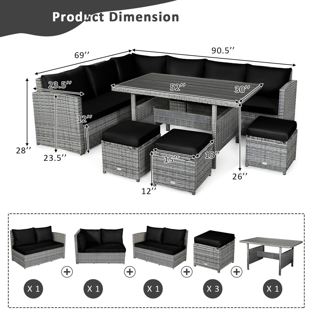 7 Pieces Patio Rattan Dining Furniture Sectional Sofa Set with Wicker Ottoman