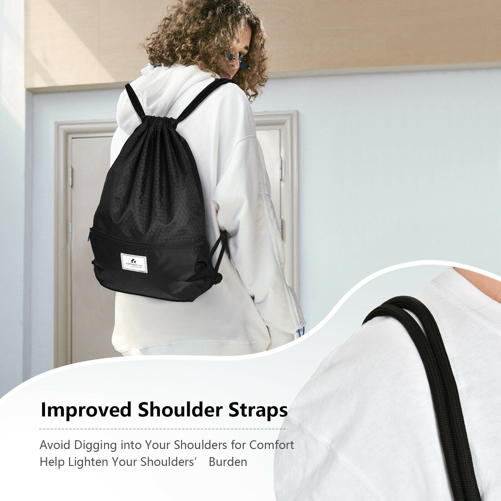 Drawstring Backpack String Bag Foldable Sports Sack with Zipper Pocket