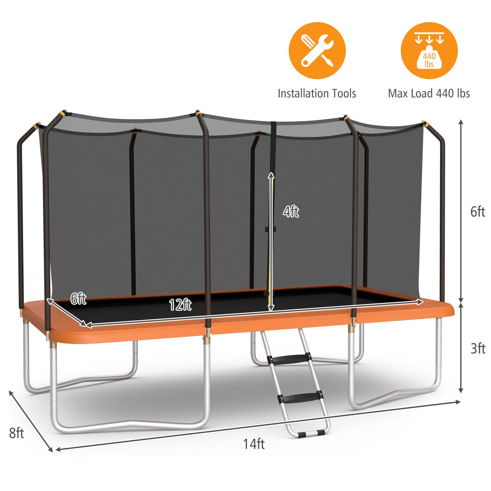 8 x 14 Feet Rectangular Recreational Trampoline with Safety Enclosure Net and Ladder