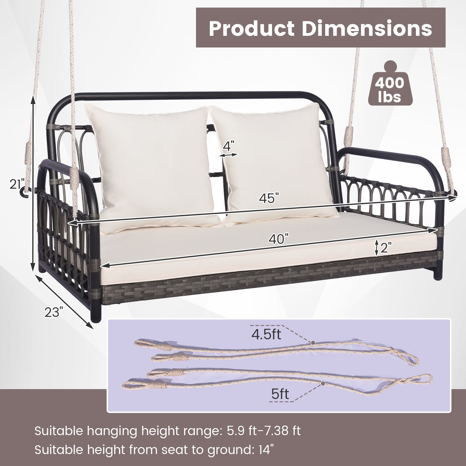 2-Person Outdoor Hanging Chair with Ropes-Gray