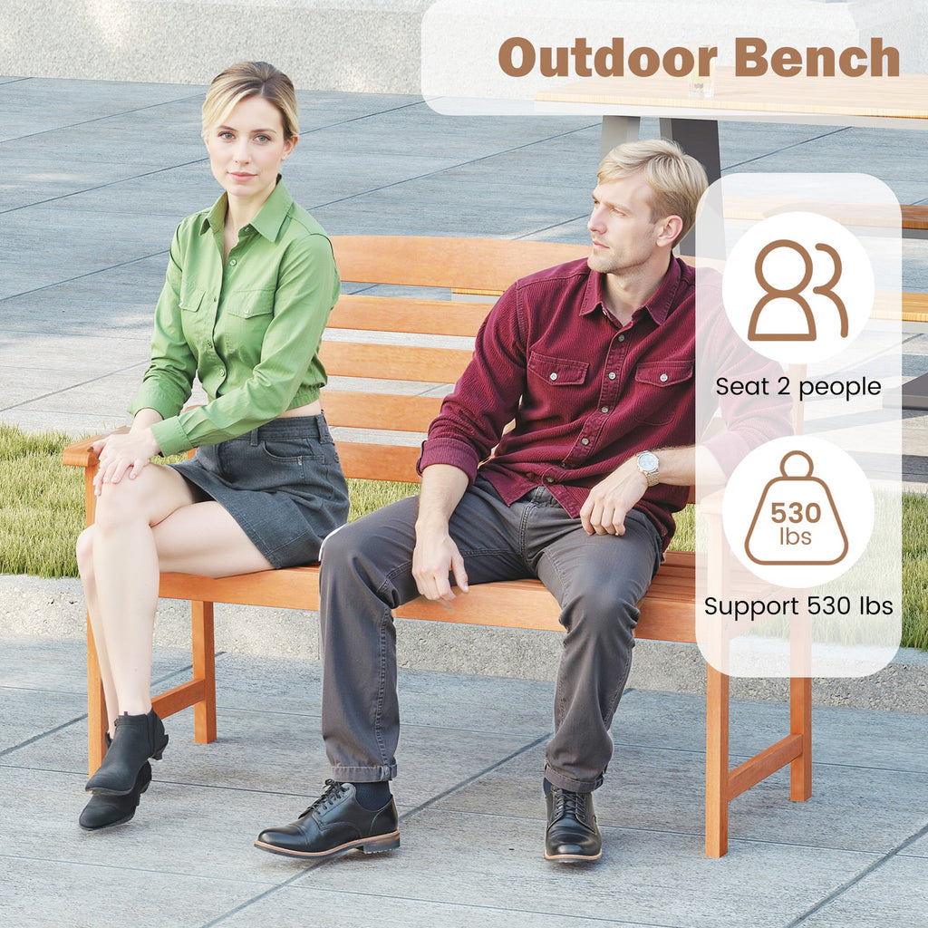 2-Person Wooden Garden Bench with Slatted Backrest and Comfortable Armrests