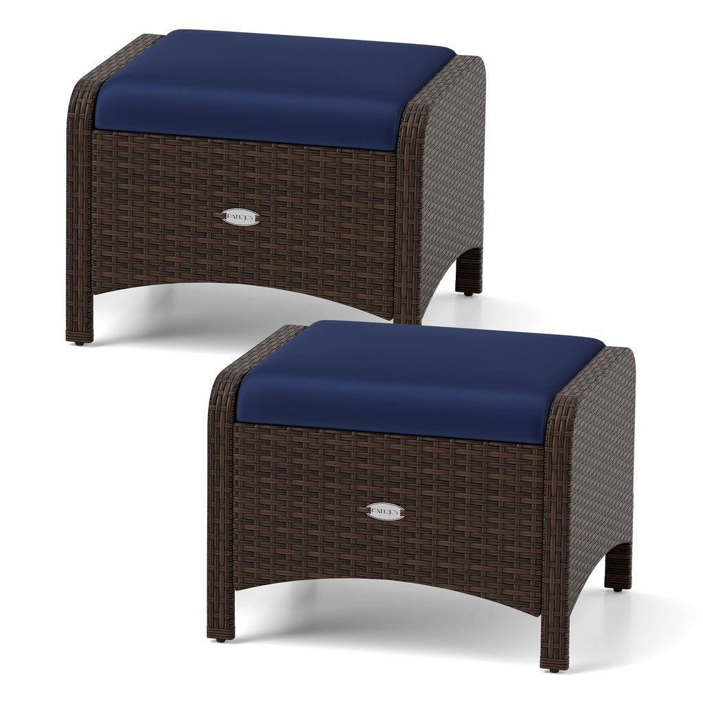 2 Pieces Outdoor Patio PE Wicker Ottomans with Removable Cushions