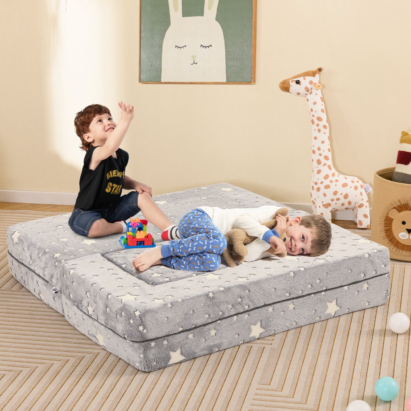 2 Seater Kids Play Couch with Removable and Machine Washable Flannel Cover-Gray