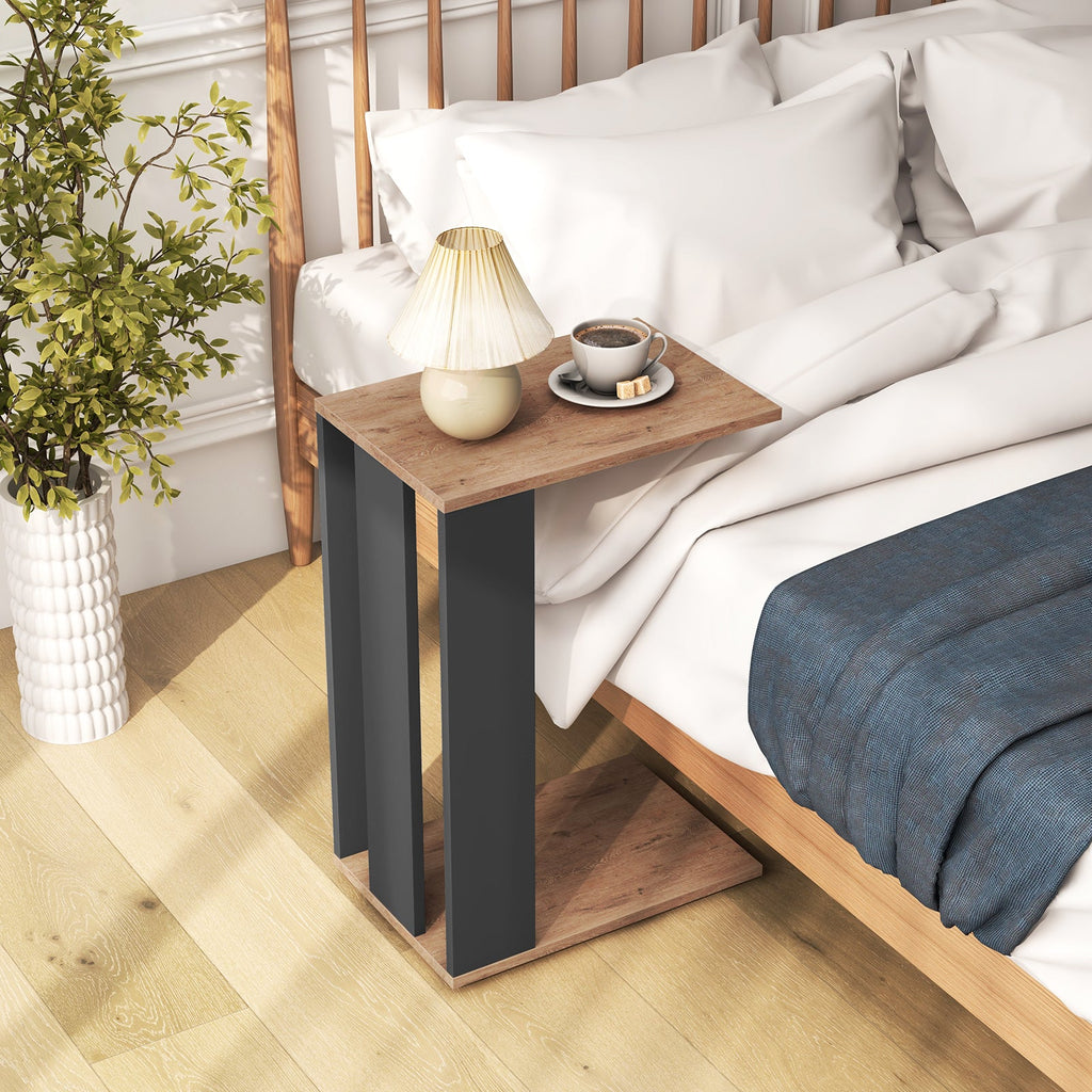 2-Tier C-Shaped Side Table with Universal Wheels and Shelf-Rustic Brown