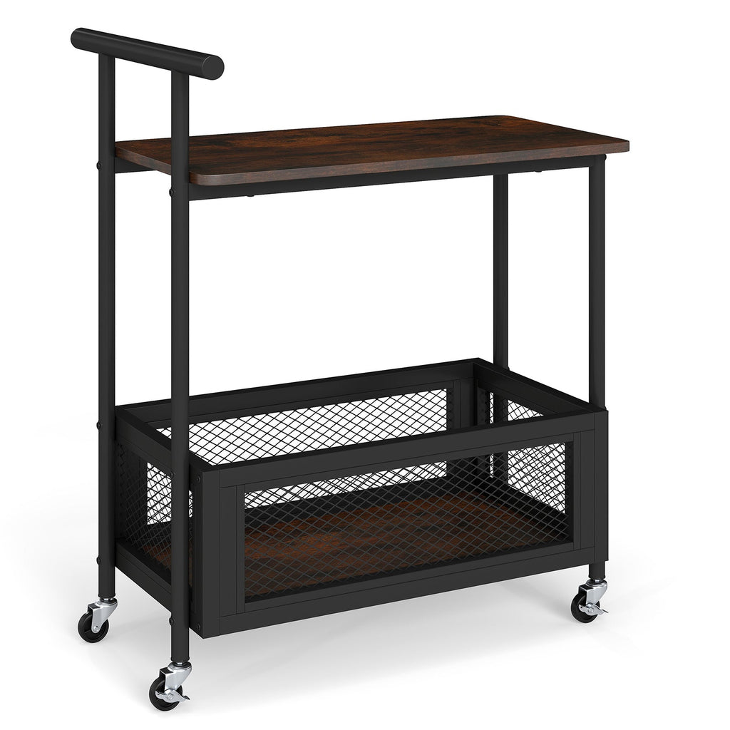 2-Tier Rolling End Table with Handle and Mesh Basket-Rustic Brown