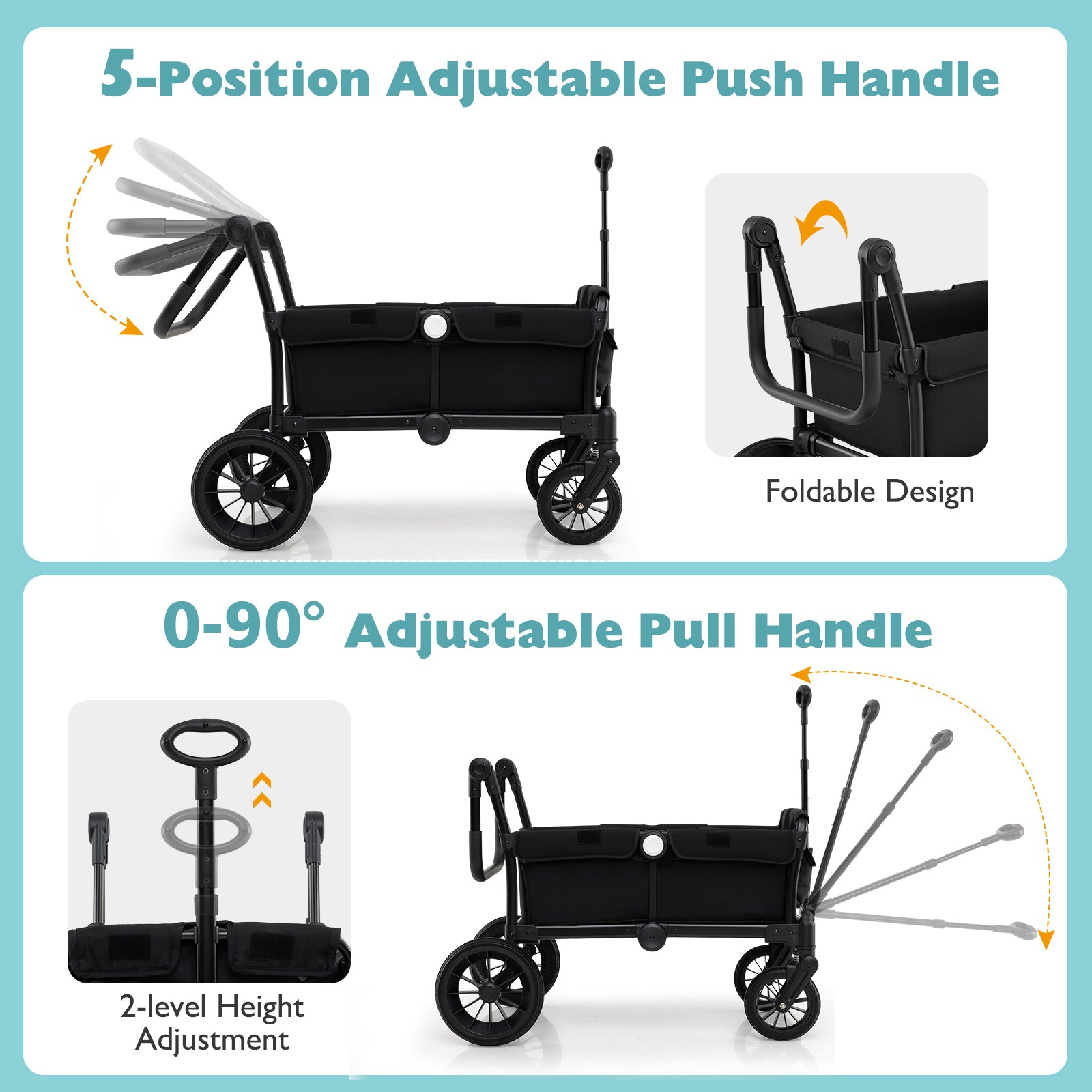 2 Seater Push Pull Collapsible Kids Wagon Stroller with Adjustable Handlebars-Black