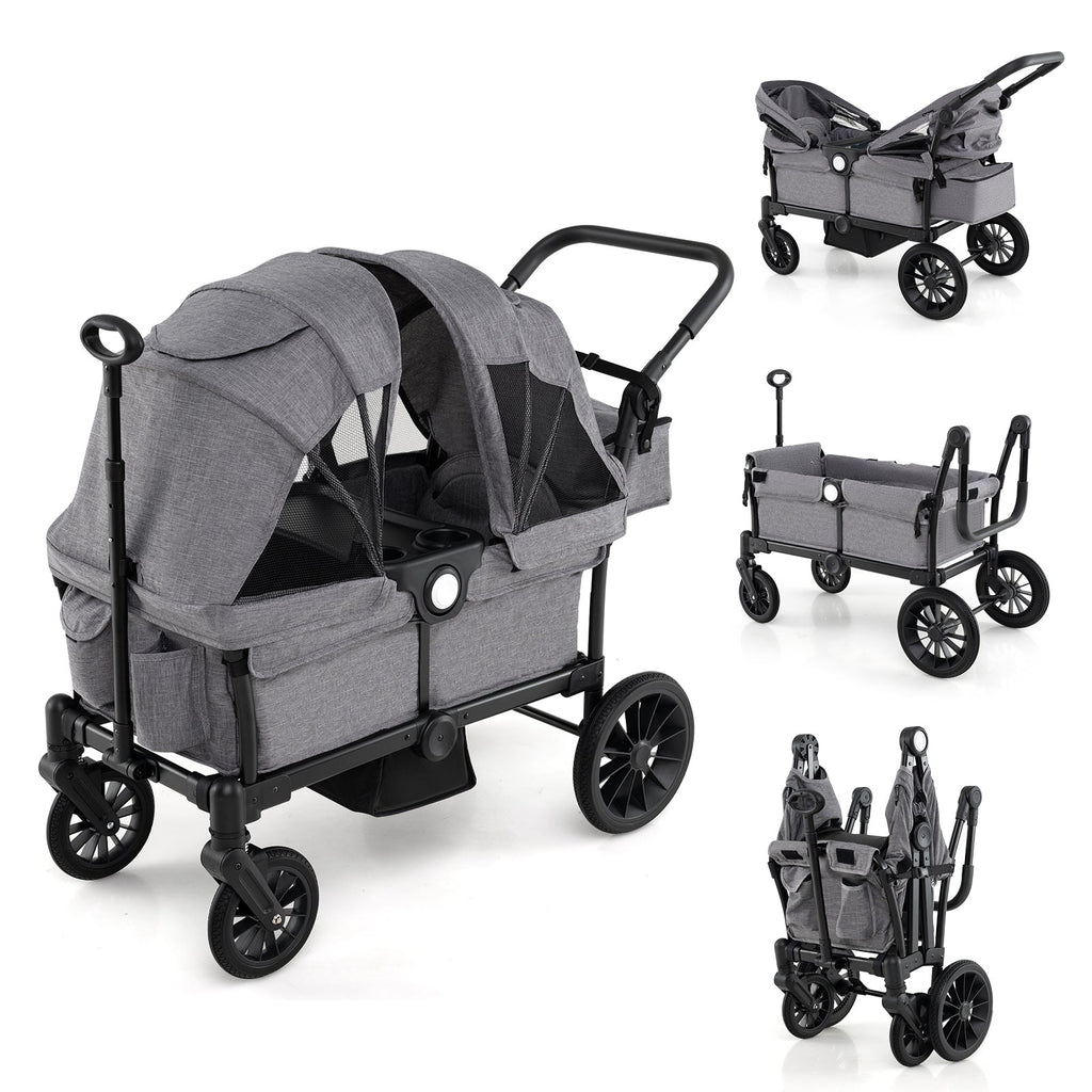 2 Seater Push Pull Collapsible Kids Wagon Stroller with Adjustable Handlebars-Gray